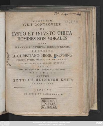 Qvaestio Ivris Controversi De Ivsto Et Inivsto Circa Homines Non Morales