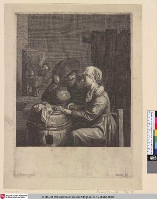 [Ungleiches Paar sitzen an einem Fass, der Mann hat seinen linken Arm um die Schulter der Frau gelegt; A peasant with felt hat, and a jug in his right hand, embracing a young woman]