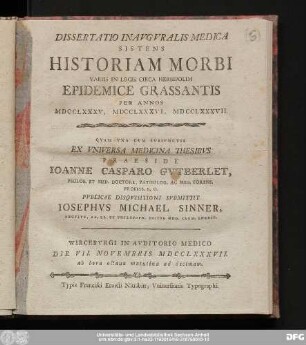 Dissertatio Inavgvralis Medica Sistens Historiam Morbi Variis In Locis Circa Herbipolim Epidemice Grassantis Per Annos MDCCLXXXV, MDCCLXXXVI, MDCCLXXXVII.