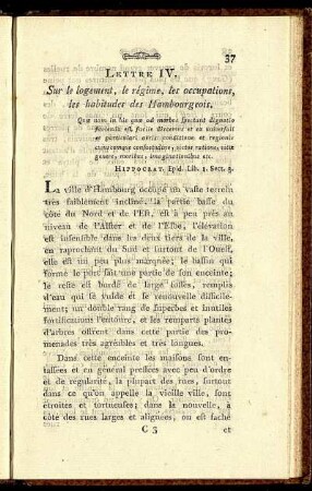 Lettre IV. Sur le logement, le régime, tes occupations, les habitudes des Hambourgeois.