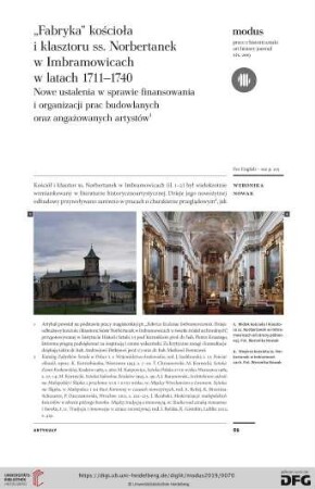 „Fabryka” kościoła i klasztoru ss. Norbertanek w Imbramowicach w latach 1711–1740 : nowe ustalenia w sprawie finansowania i organizacji prac budowlanych oraz angażowanych artystów