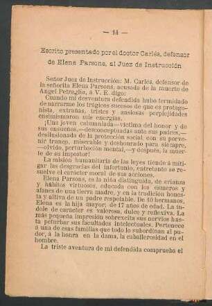 Escrito presentado por el doctor Carlés, defensor de Elena Parsons, al juez de instrucción