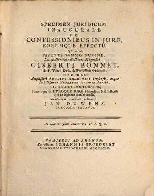 Specimen iur. inaug. de confessionibus in iure eorumque effectu