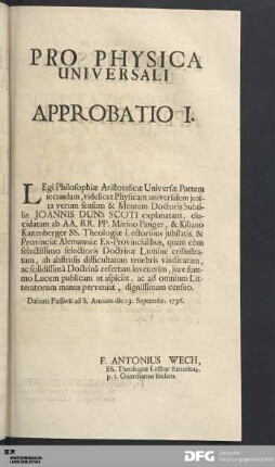 Pro Physica Universali / Approbatio I.