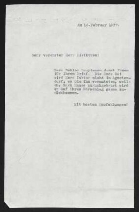 Brief von Gerhart Hauptmann an Renato Attilio Bleibtreu