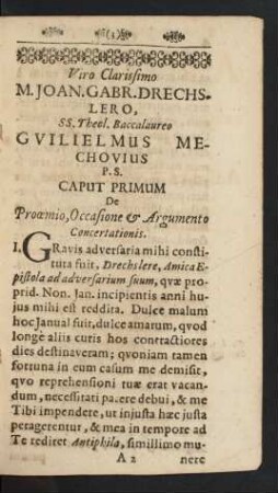 Caput Primum De Prooemio, Occasione [et] Argumento Concertationis.