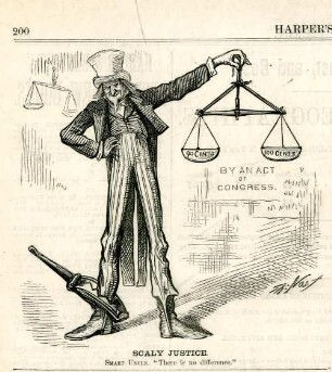 Scaly justice. Smart Uncle. "There is no diffence." : Uncle Sam hält eine Waage in der Hand, die falsche Gewichte anzeigt