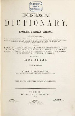 Technologisches Wörterbuch ... Gewerbe, Civil- und Militär-Baukunst, Artillerie, Maschinenbau, Strassen- u. Wasserbau, Schiffbau und Schifffahrt, Berg- u. Huttenwesen, Mathematik, Physik, Chemie, Mineralogie u.a.m., 2