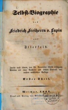 Selbst-Biographie des Friedrich Freiherrn v. Lupin auf Illerfeld. 1