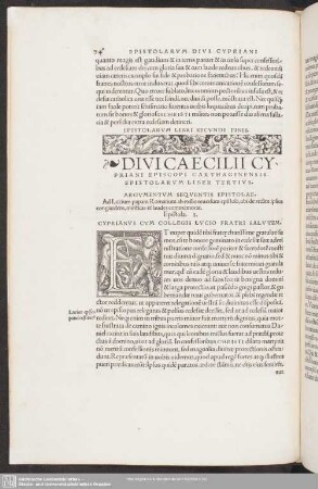 Divi Caecilii Cypriani Episcopi Carthaginensis Epistolarum Liber Tertius