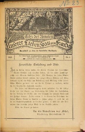 Echo der Annalen U.l.F. von Lourdes : Monatschr. zu Ehren d. unbefleckten Empfängnis. 12. 1892
