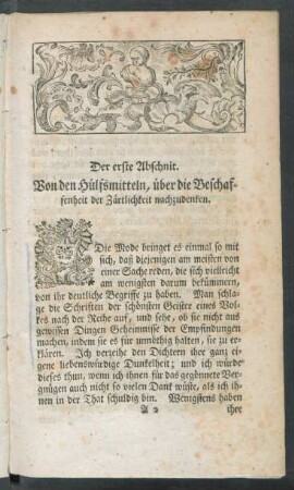 Der erste Abschnit. Von den Hülfsmitteln, über die Beschaffenheit der Zärtlichkeit nachzudenken