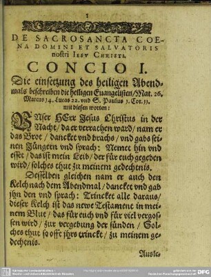 De Sacrosancta Coena Domini Et Salvatoris nostri Jesu Christi. Concio I
