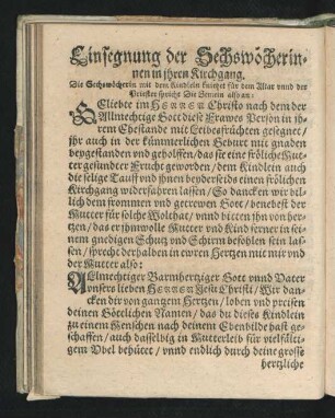 Einsegnung der Sechswöcherinnen in ihren Kirchgang.