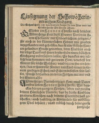 Einsegnung der Sechswöcherinnen in ihren Kirchgang.