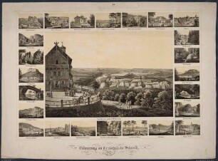 Bilderbogen der Sächsischen Schweiz mit einem großen Mittelbild (Gasthof und Ausblick vom Großen Winterberg) und 24 kleinen Ansichten