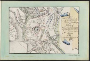 Karte der Gegend südöstlich von Pirna, Federzeichnung, bis 1802 : Band 1: Seite 6: Lager der König. Preußisch. Armee ... bey Ottendorf ... 1778 Wie auch des Chur-Fürstl. Sächsischen Corps ... bey Cotta ... / Anton v. Brzeski senior. - [S.l.]. - 1 Karte ; Handzeichnung, koloriert, 18 x 26 cm