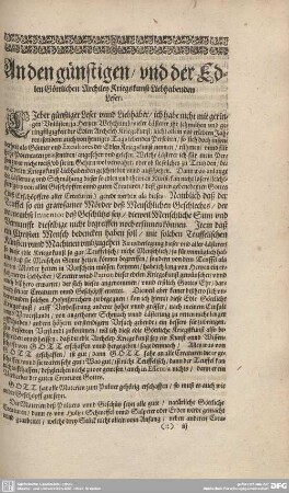An den günstigen/ und der Edlen Göttlichen Archiley Kriegskunst Liebhabenden Leser.