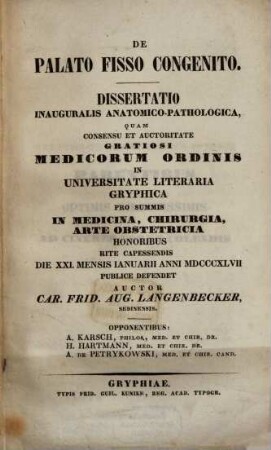 De palato fisso congenito : dissertatio inauguralis anatomico-pathologica