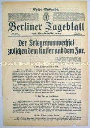 Extra-Blatt des "Berliner Tageblatt" zu den letzten diplomatischen Bemühungen um die Abwendung des Krieges mit Russland