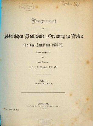 Programm der Städtischen Realschule I. Ordnung zu Posen : für das Schuljahr ..., 1878/79