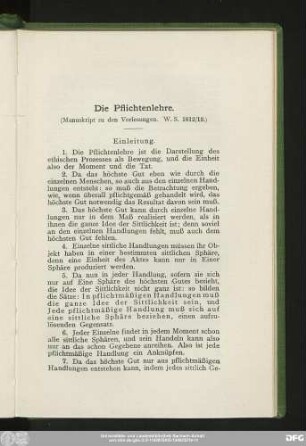 Die Pflichtenlehre. (Manuskript zu den Vorlesungen. W. S. 1812/13)
