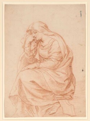 Vouet, Simon: Zeichnungen II, Blatt 14: Sitzende Frau in Kleid und Mantel, den Kopf auf die Rechte aufstützend - BSB Cod.icon. 397 b(14