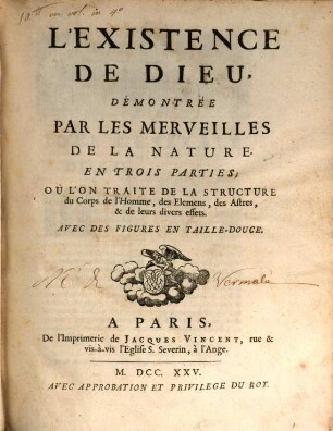 L' Existence de Dieu demontrée par les Merveilles de la Nature