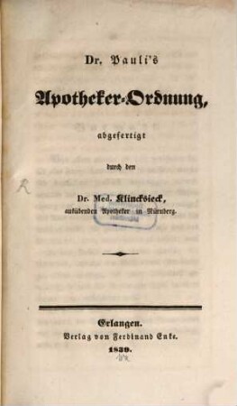 D[okto]r Pauli's Apotheker-Ordnung