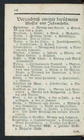 Verzeichnis einiger berühmten Messen und Jahrmärkte.