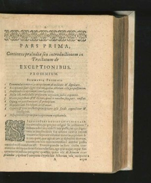 Pars Prima. Continens praeludia seu introductionem in Tractatum de Exceptionibus.