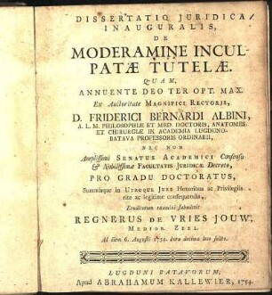 Dissertatio Juridica Inauguralis, De Moderamine Inculpatæ Tutelæ