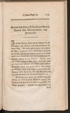 Gärten des Herrn Schloßhauptmann, Baron von Wangenheim, bey Hannover