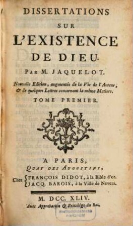 Dissertations Sur L'Existence De Dieu, 1