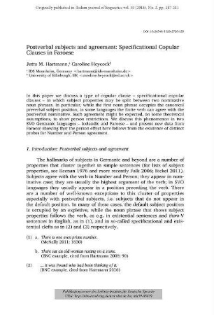 Postverbal subjects and agreement: specificational copular clauses in Faroese