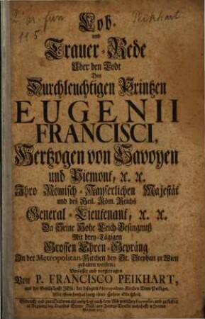 Lob- und Trauerrede über den Todt Eugenii Francisci Herzog von Savoyen