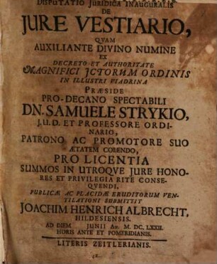 Disputatio Iuridica Inauguralis De Iure Vestiario
