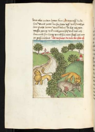 Der Löwe wäscht sich und der Fuchs bewacht dessen Beute, den toten Esel; (Kapitel VI): Von dem Affen und der Schildkröte).