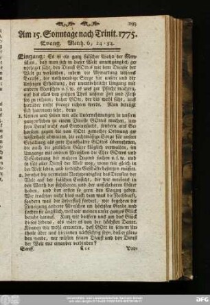 Am 15. Sonntage nach Trinit. 1775. Evang. Matth. 6, 24 - 34.