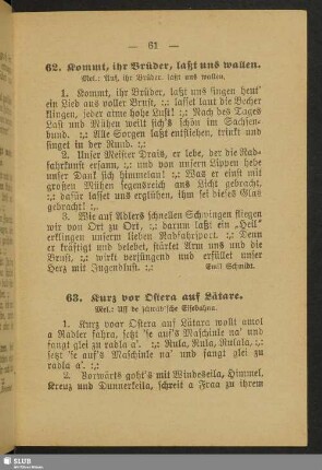 62. Kommt, ihr Brüder, laßt uns wallen
