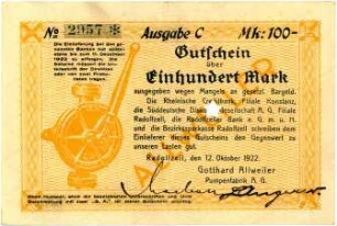 Geldschein / Notgeld, 100 Mark, 12.10.1922