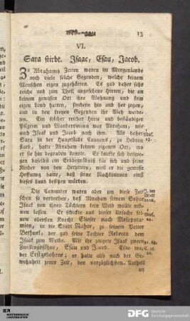 VI. Sara stirbt. Isaac, Esau, Jacob.
