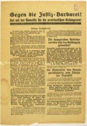 Flugblatt der KPD gegen die deutsche Justiz und Aufruf zum Kampf für die Amnestierung kommunistischer Gefangener