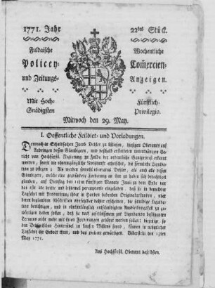 22tes Stück, Ausgabe vom 29. May 1771