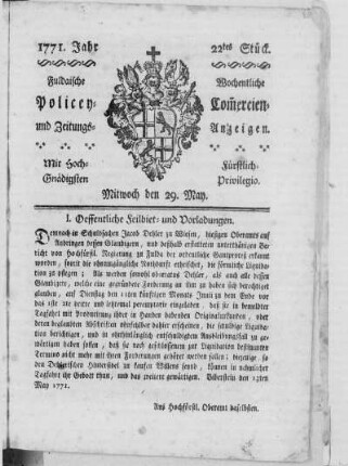 22tes Stück, Ausgabe vom 29. May 1771