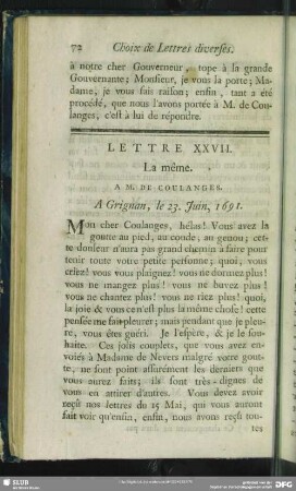 Lettre XXVII. La même. A M. De Coulanges. A Grignan, le 23. Juin, 1691