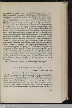August Wilhelm von Schlegel an Johannes Schulze, Bonn, 20.-29.02.1824