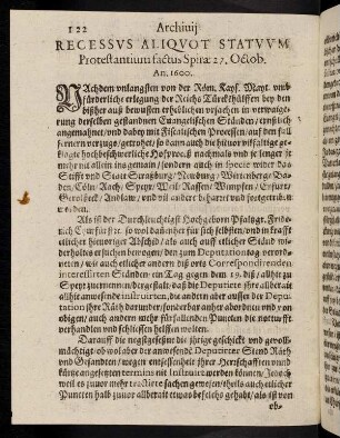 122-142, Recessus aliquot statuum Protestantium factus Spirae 27. Octob. An. 1600. - Leonhardus Schug ad Electorem [...] 1. Nouemb. An. 1600.
