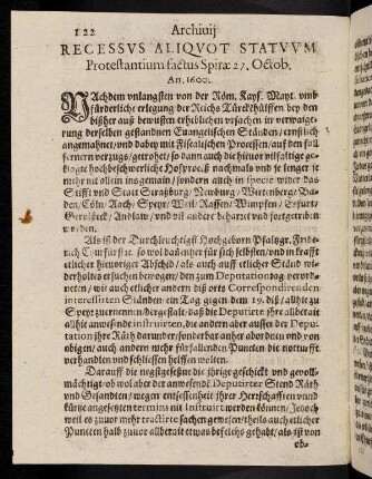 122-142, Recessus aliquot statuum Protestantium factus Spirae 27. Octob. An. 1600. - Leonhardus Schug ad Electorem [...] 1. Nouemb. An. 1600.