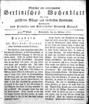 425stes Stueck, Sonnabend, den 22. Februar 1817